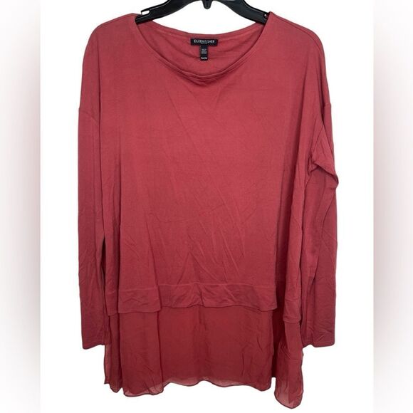 Eileen Fisher Red Long Sleeve Stretch Silk Jersey Boxy Mixed Media Tunic Top MP - Picture 1 of 11